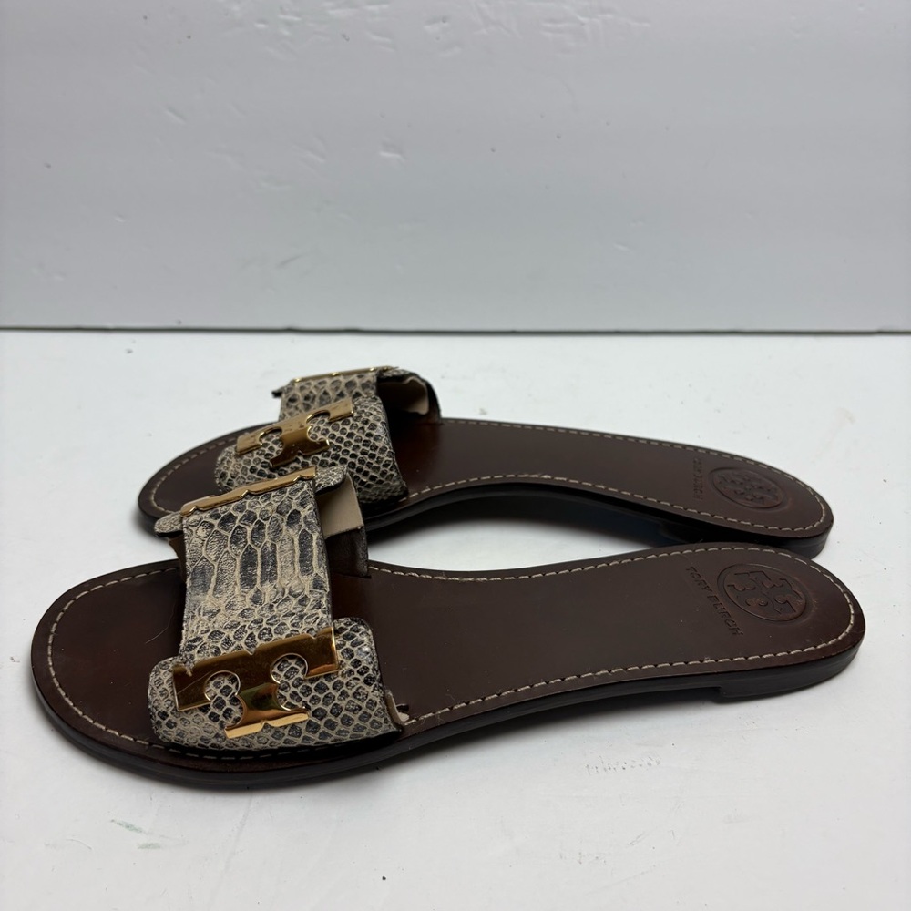 Tory Burch Gail-Pitone Rocha Snake Sandals Slides Gray Leather Size 10 - Picture 2 of 9